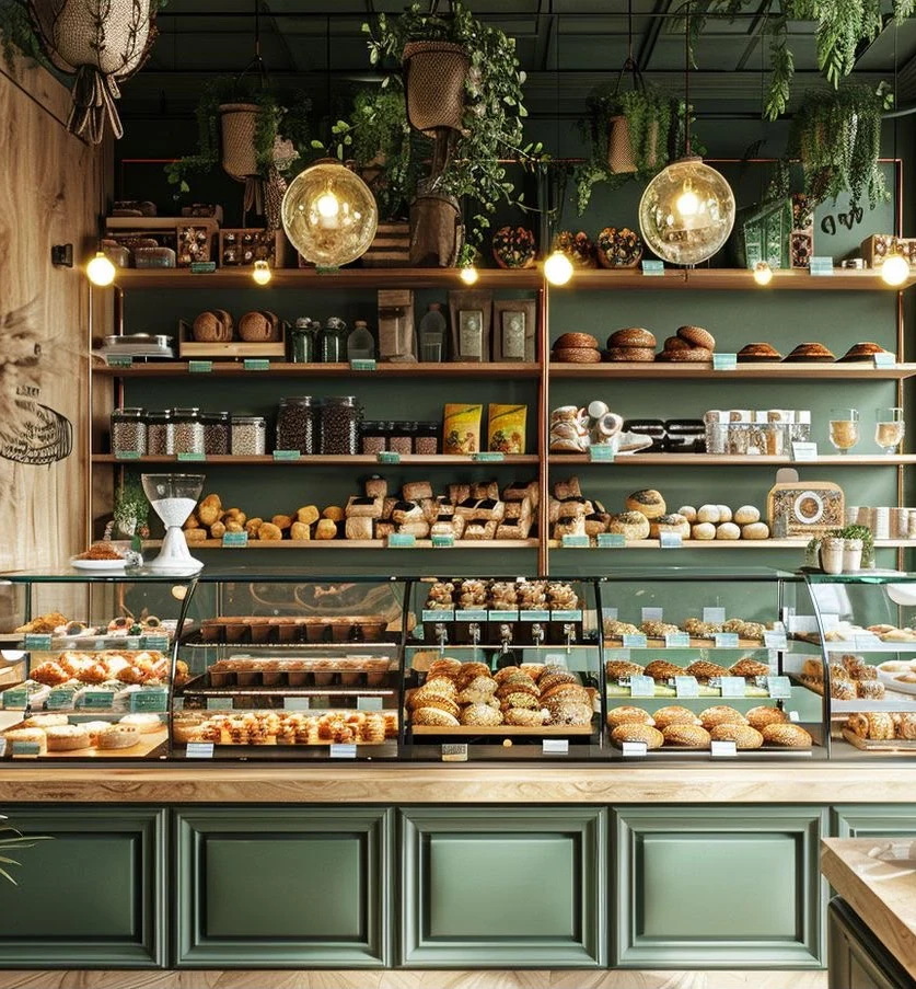 A bakery counter with glass display cases of fresh bread and pastries beneath shelves of loaves and jars.