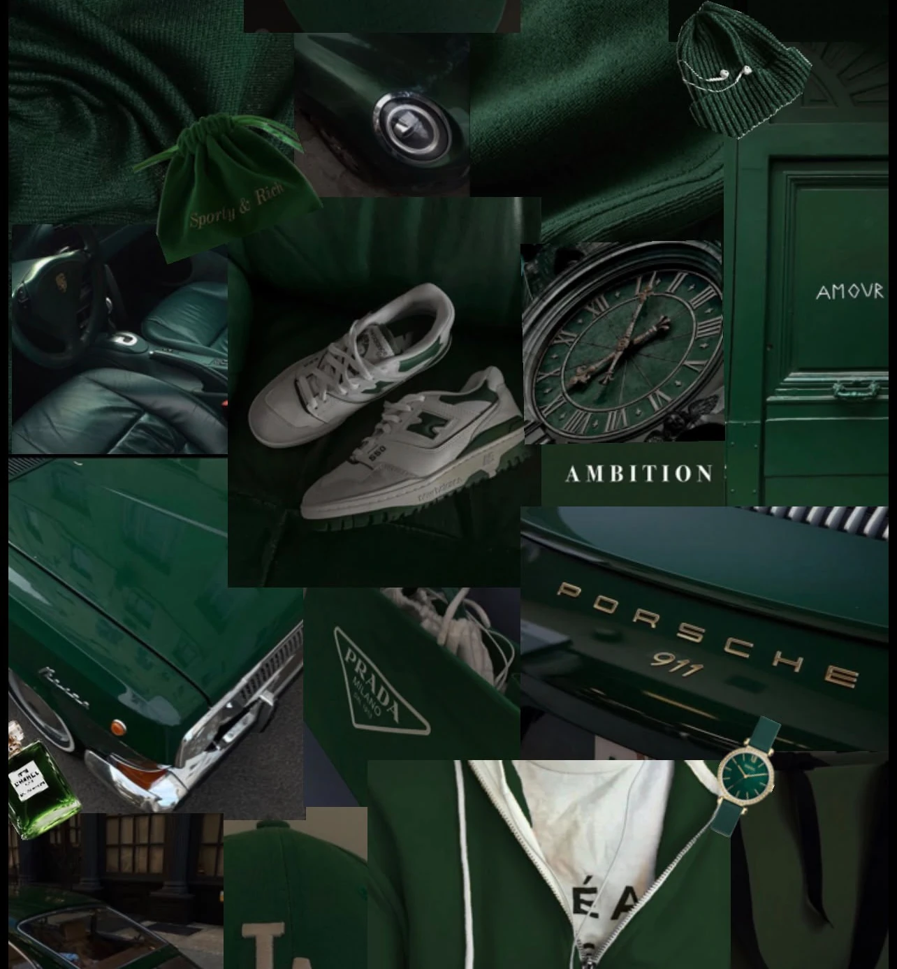 A collage of dark green fashion and lifestyle pieces: knitwear, caps, sneakers, a watch and a classic car.