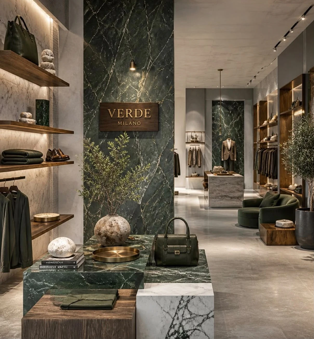 A refined retail boutique with a green marble feature wall, wooden shelving and neatly displayed bags and clothing.