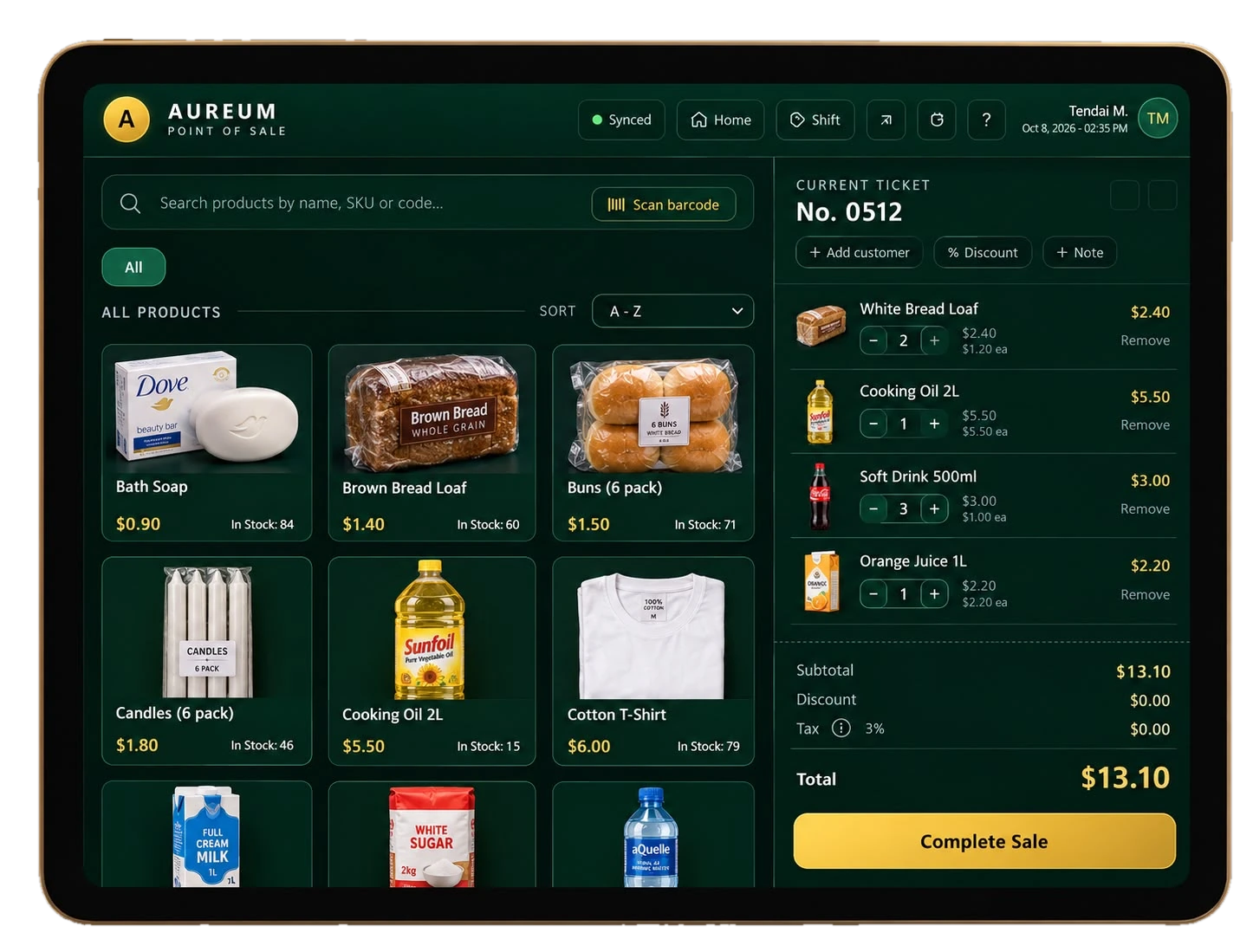 The AUREUM POS checkout on a tablet: a product catalogue with pictures, names and prices beside the current ticket and a Complete Sale button.