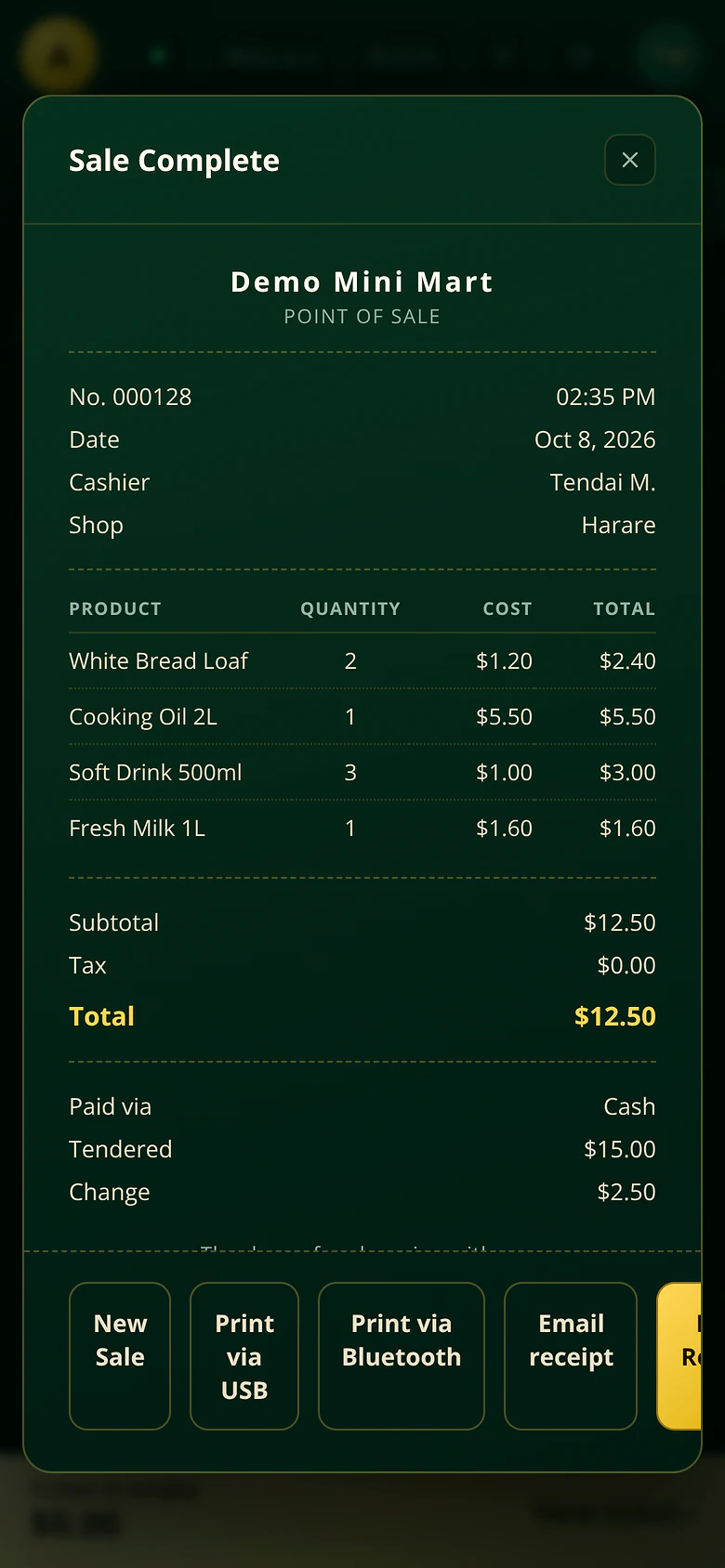 A completed sale on a phone: the AUREUM receipt with items, total, payment method and print and email options.